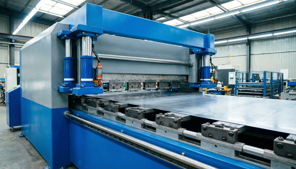 Hydraulic precision sheet metal leveling machine with visible hydraulic cylinders and roller system processing a large metal sheet in an industrial factory